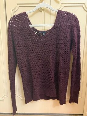 American Eagle Outfitters Open-Knit V-Neck Sweater in Plum